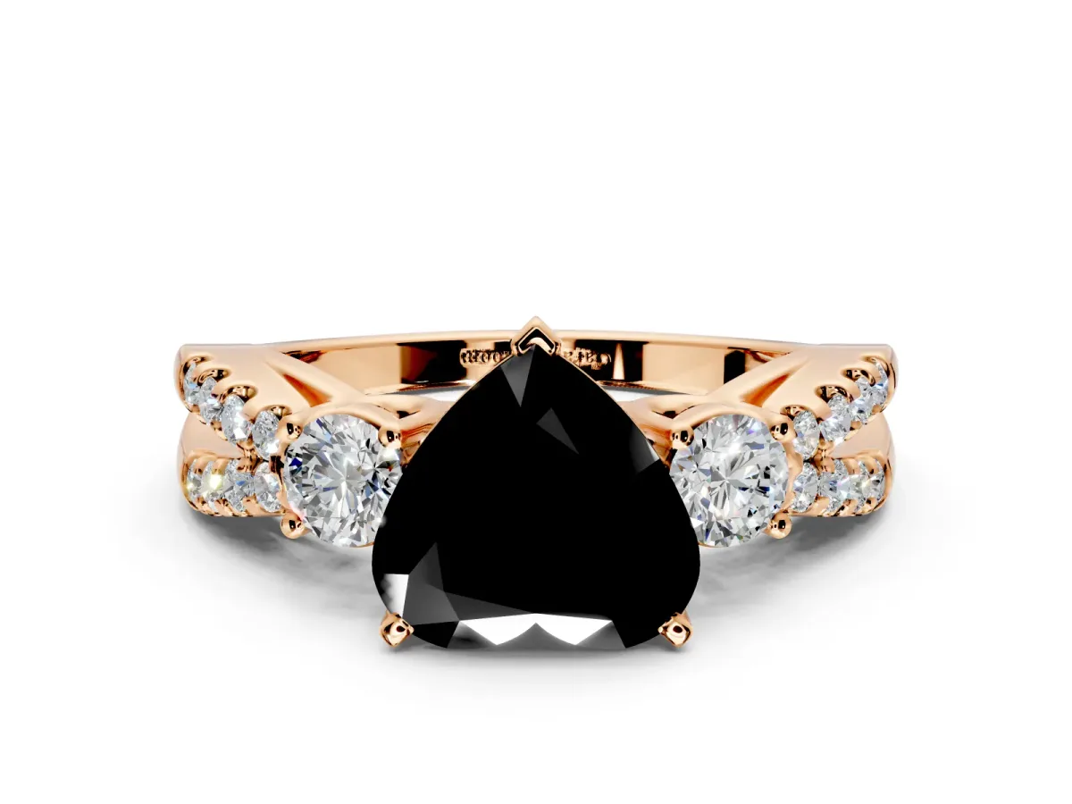 3 Stone Engagement Ring Setting for Fancy Black Heart-Shaped Center with Pave Split Shank and Prong Head in Rose Gold