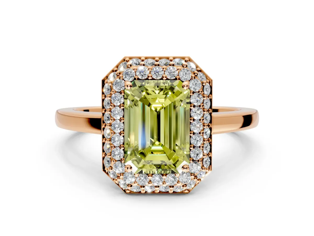 Halo Engagement Ring Setting for Fancy Yellow Emerald Cut Center with Plain Tapered Band and Prong Head in Rose Gold