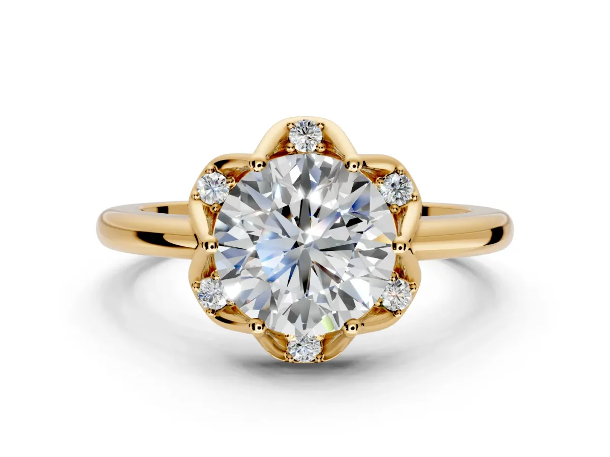 Floral Frame Engagement Ring Setting for Round Cut Center with Accent Clusters and Prong Head in Yellow Gold