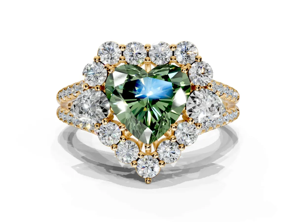 Halo Engagement Ring Setting for Fancy Green Heart-Shaped Center with Two-Strand Split Shank and Prong Head in Yellow Gold