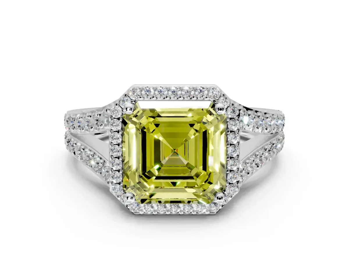 Halo Engagement Ring Setting for Fancy Yellow Asscher Cut Center with Narrow Pave Split Shank and Prong Head in Sterling Silver