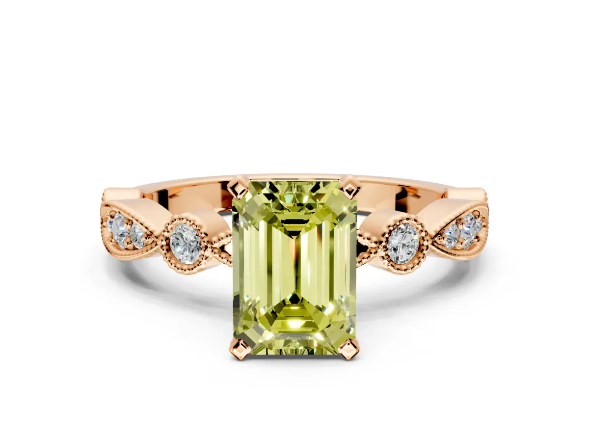 Solitaire Engagement Ring Setting for Fancy Yellow Emerald Cut Center with Milgrain Bezel Accents and Prong Head in Rose Gold