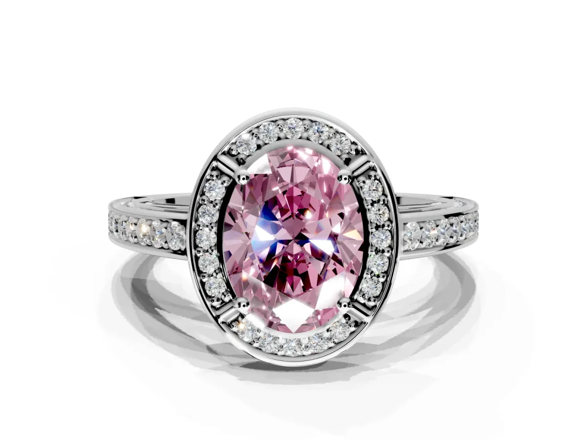 Halo Engagement Ring Setting for Fancy Pink Oval Center with Framed Halo, Pave Band and Prong Head in White Gold