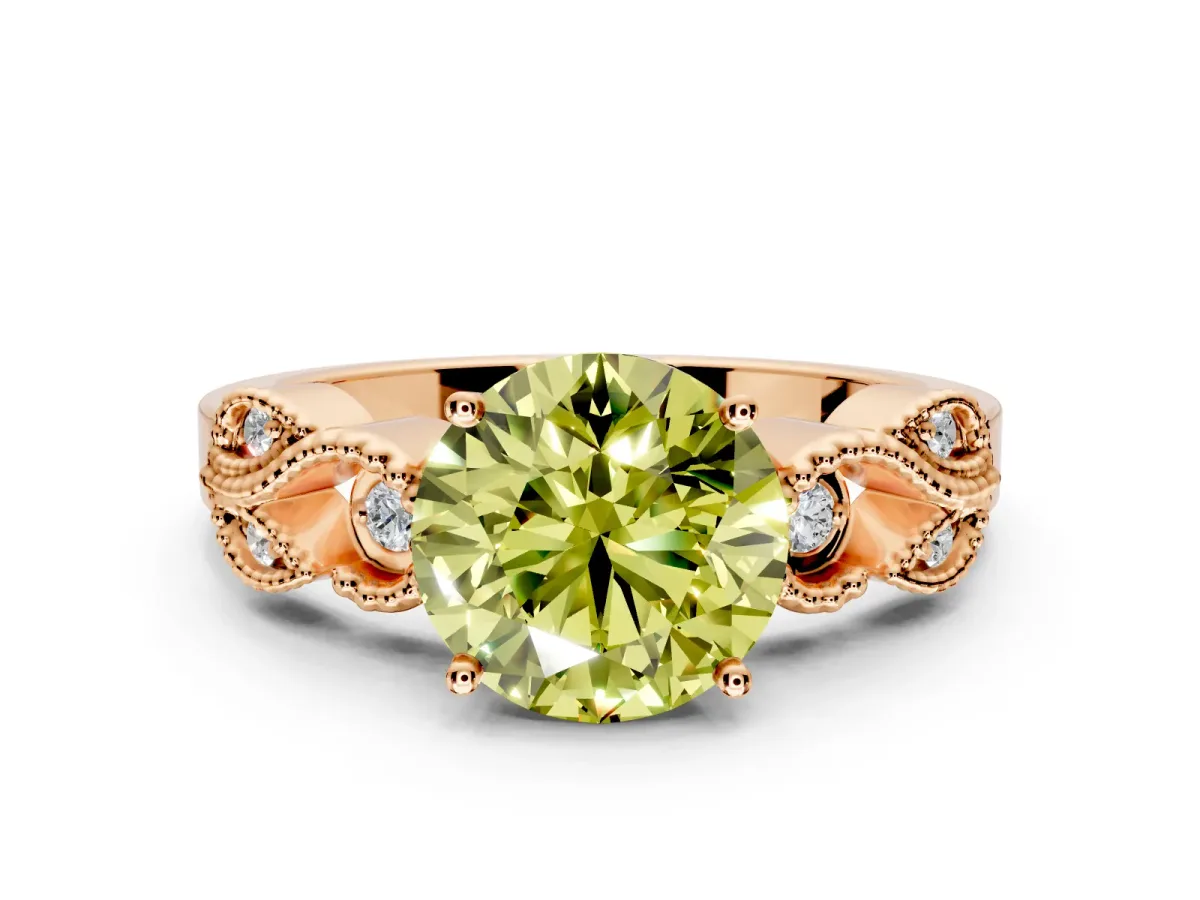 Leaf Engagement Ring Setting for Fancy Yellow Round Cut Center with Milgrain Accent Band and Prong Head in Rose Gold