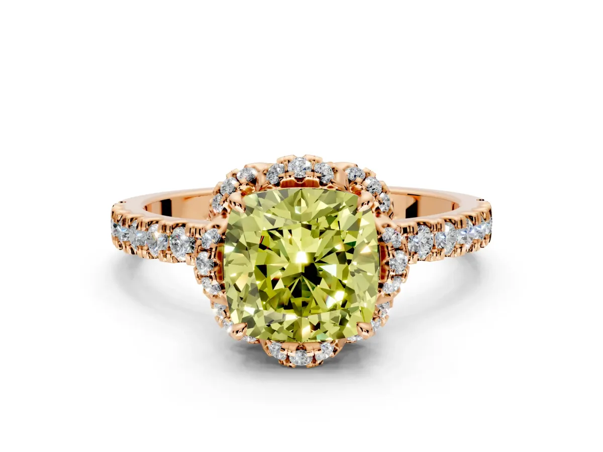 Halo Engagement Ring Setting for Fancy Yellow Cushion Cut Center with Openwork Halo, Pave Band and Prong Head in Rose Gold