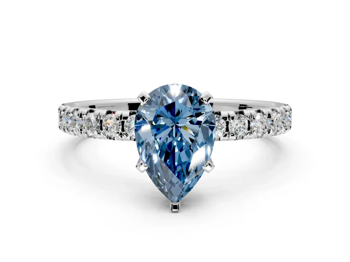Solitaire Engagement Ring Setting for Fancy Blue Pear-Shaped Center with Large Accents and Prong Head in Sterling Silver
