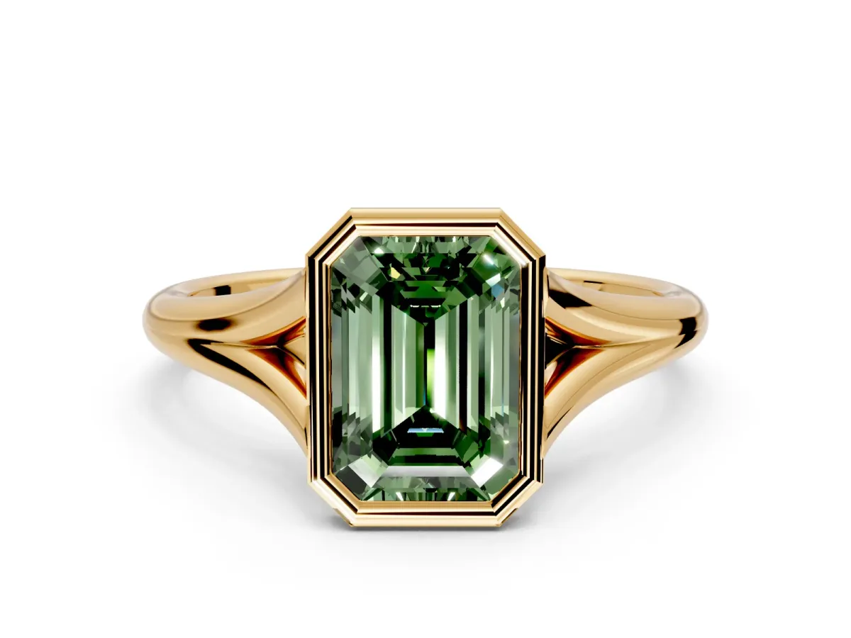 Solitaire Engagement Ring Setting for Fancy Green Emerald Cut Center with V Split Shank and Bezel Head in Yellow Gold