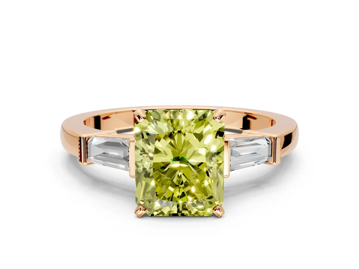 3 Stone Engagement Ring Setting for Fancy Yellow Radiant Cut Center with Channel Baguette Accents and Prong Head in Rose Gold