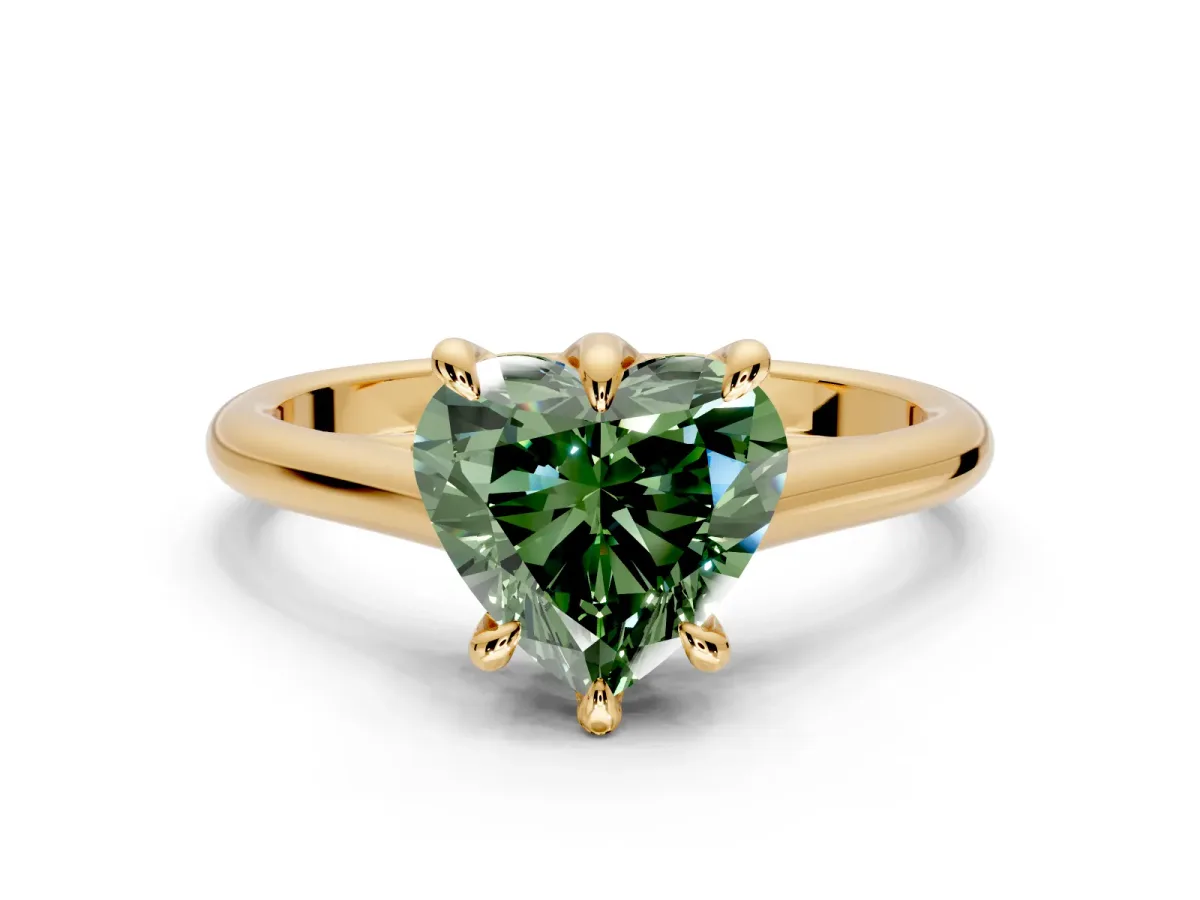 Solitaire Engagement Ring Setting for Fancy Green Heart-Shaped Center with Cathedral Band and Prong Head in Yellow Gold