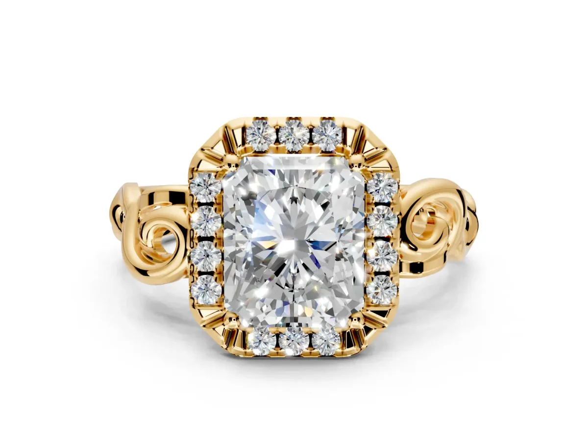Halo Engagement Ring Setting for Radiant Cut Center with Open Scroll Shoulders and Prong Head in Yellow Gold