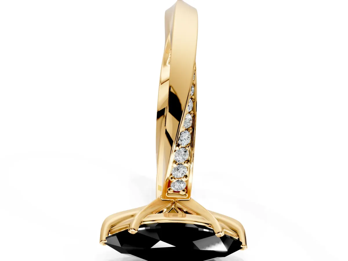 Side Accent Engagement Ring Setting for Fancy Black Marquise Center with Accent Shoulders and Prong Head in Yellow Gold