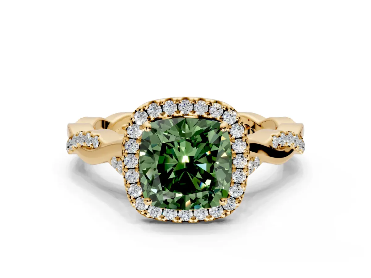 Halo Engagement Ring Setting for Fancy Green Cushion Cut Center with Twist Band and Prong Head in Yellow Gold