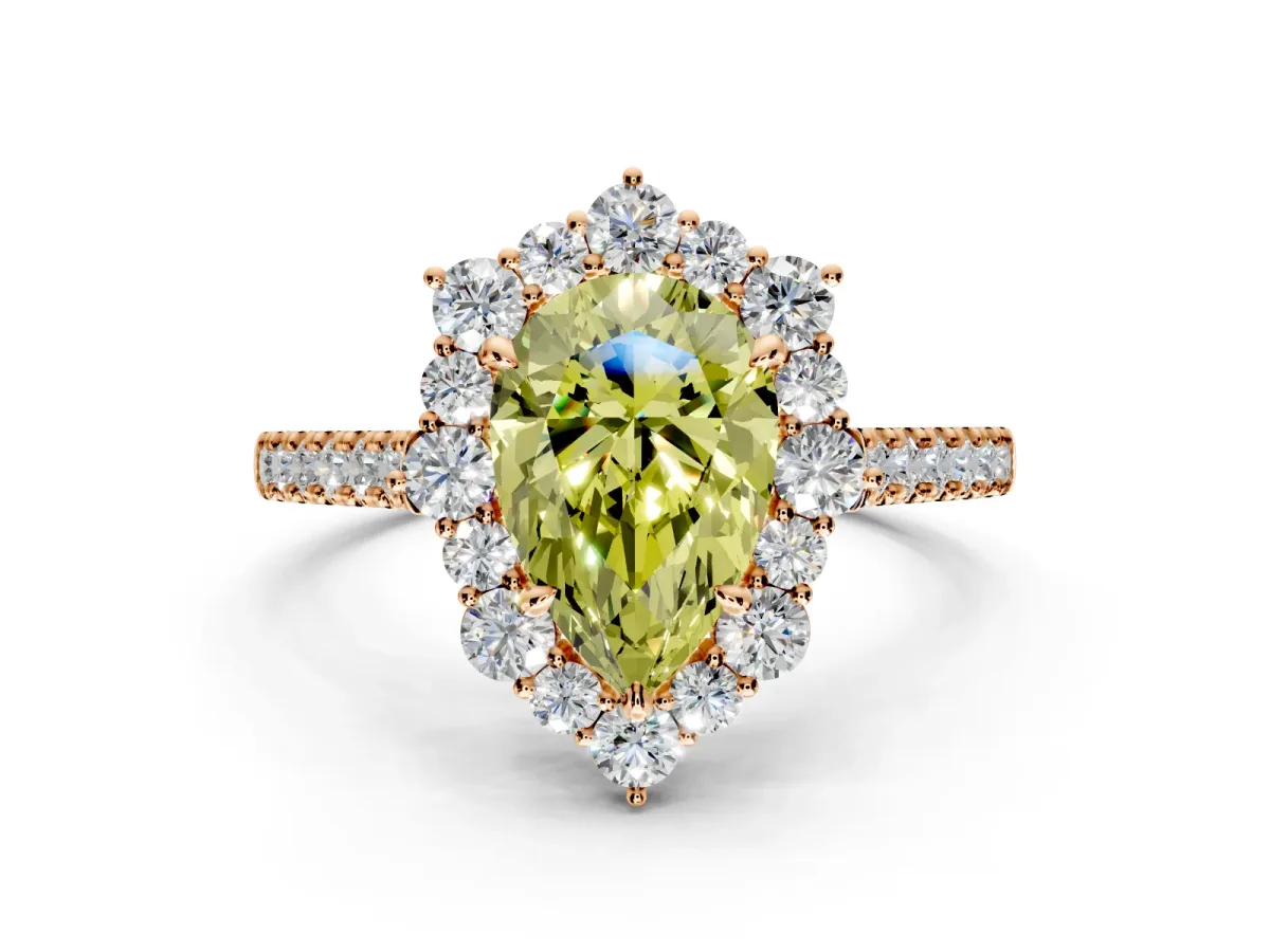 Halo Engagement Ring Setting for Fancy Yellow Pear-Shaped Center with Single-Row Pave, Open Basket and Prong Head in Rose Gold