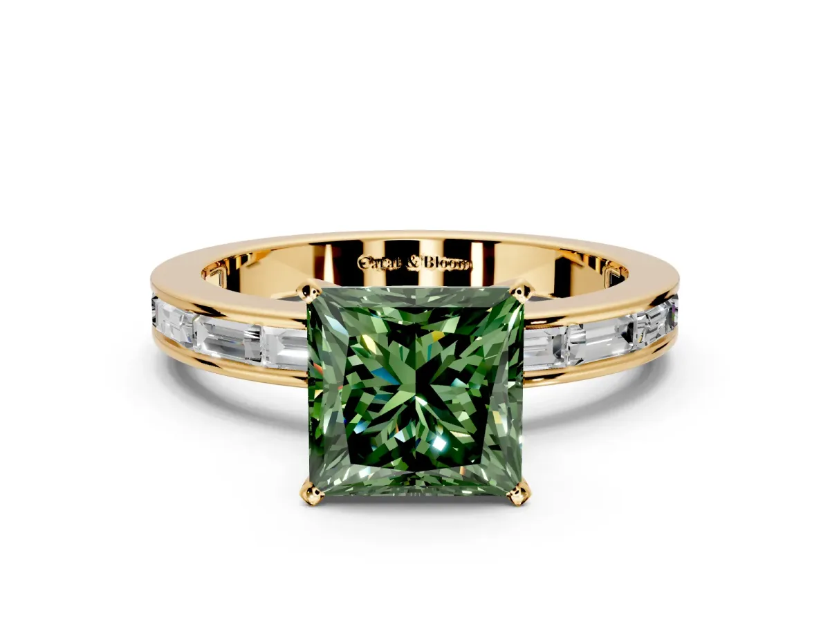 Solitaire Engagement Ring Setting for Fancy Green Princess Cut Center with Channel Baguette Band and Prong Head in Yellow Gold