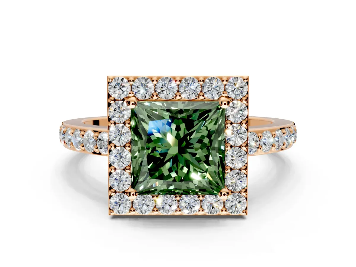 Halo Engagement Ring Setting for Fancy Green Princess Cut Center with Heart-Shaped Openwork, Pave Band and Prong Head in Rose Gold