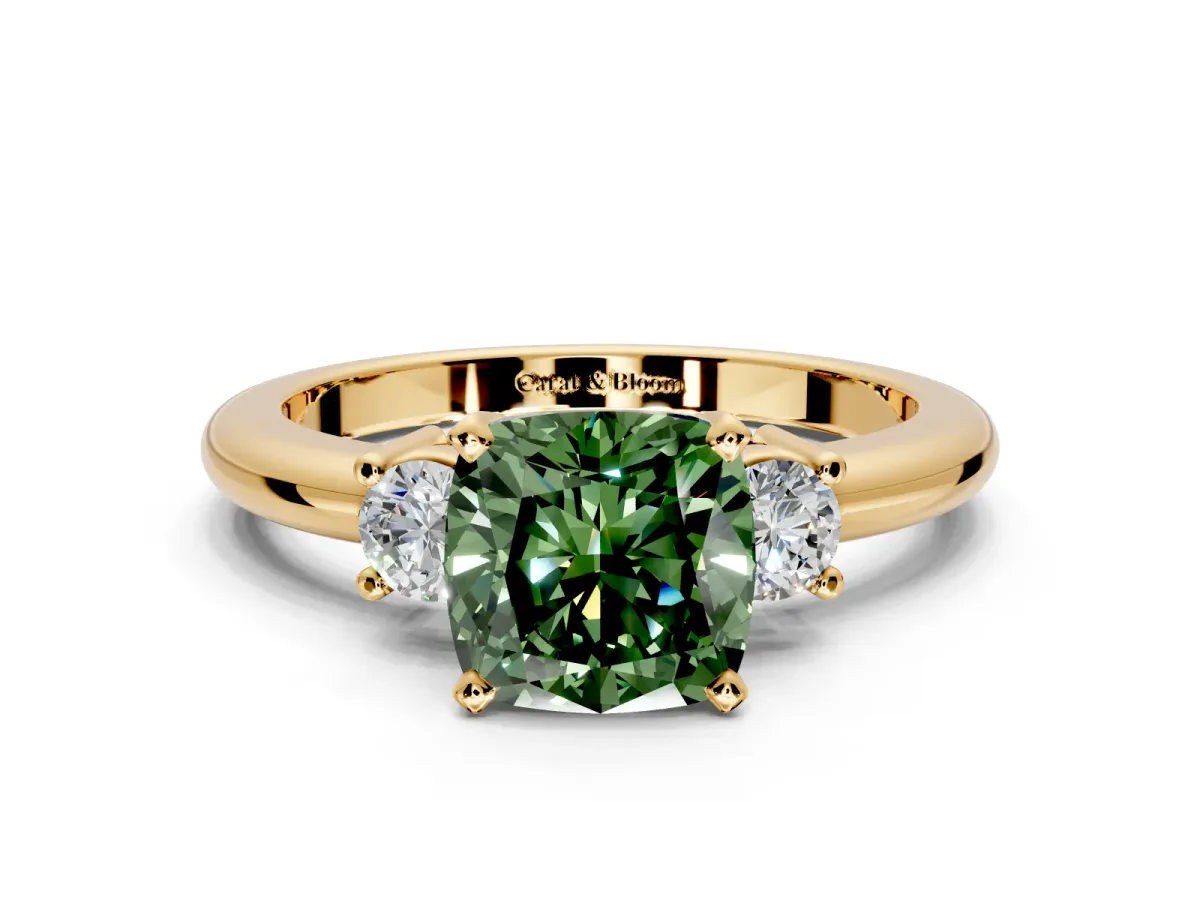 3 Stone Engagement Ring Setting for Fancy Green Cushion Cut Center with Wide Plain Band and Prong Head in Yellow Gold