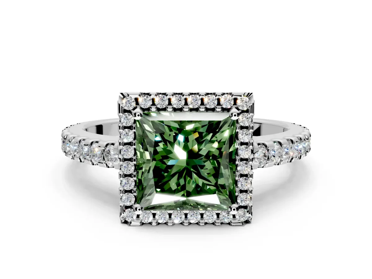 Accent Halo Engagement Ring Setting for Fancy Green Princess Cut Center with Full-Length Pave Band and Prong Head in White Gold
