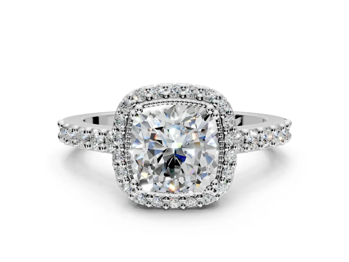 Halo Engagement Ring Setting for Cushion Cut Center with Inner Milgrain Border and Prong Head in Platinum