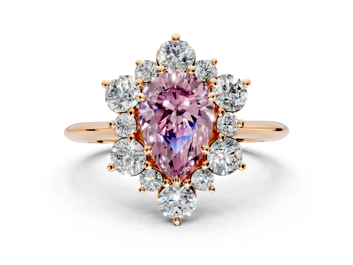 Small-Accent Cluster Halo Engagement Ring Setting for Fancy Pink Pear-Shaped Center with Plain Band and Prong Head in Rose Gold
