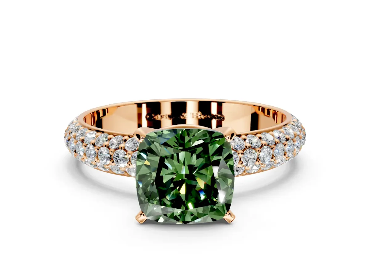 Solitaire Engagement Ring Setting for Fancy Green Cushion Cut Center with Domed Multi-Row Pave Band and Prong Head in Rose Gold