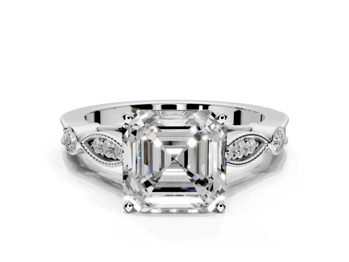 Solitaire Engagement Ring Setting for Asscher Cut Center with Marquise and Bezel Accents and Prong Head in Sterling Silver