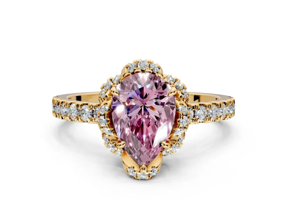 Halo Engagement Ring Setting for Fancy Pink Pear-Shaped Center with Openwork Halo, Pave Band and Prong Head in Yellow Gold
