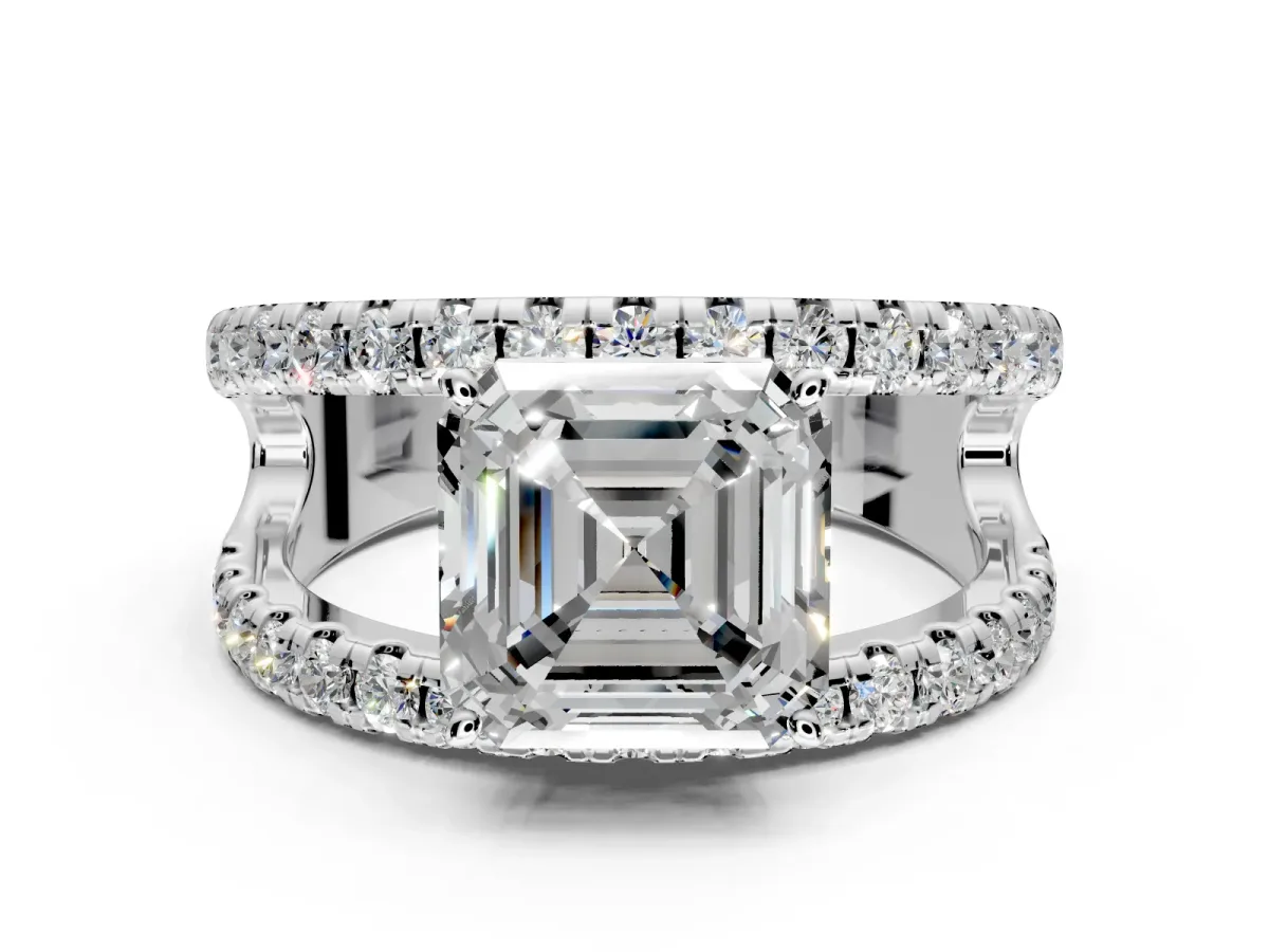 Solitaire Engagement Ring Setting for Asscher Cut Center with Wide-Open Split Shank and Prong Head in White Gold