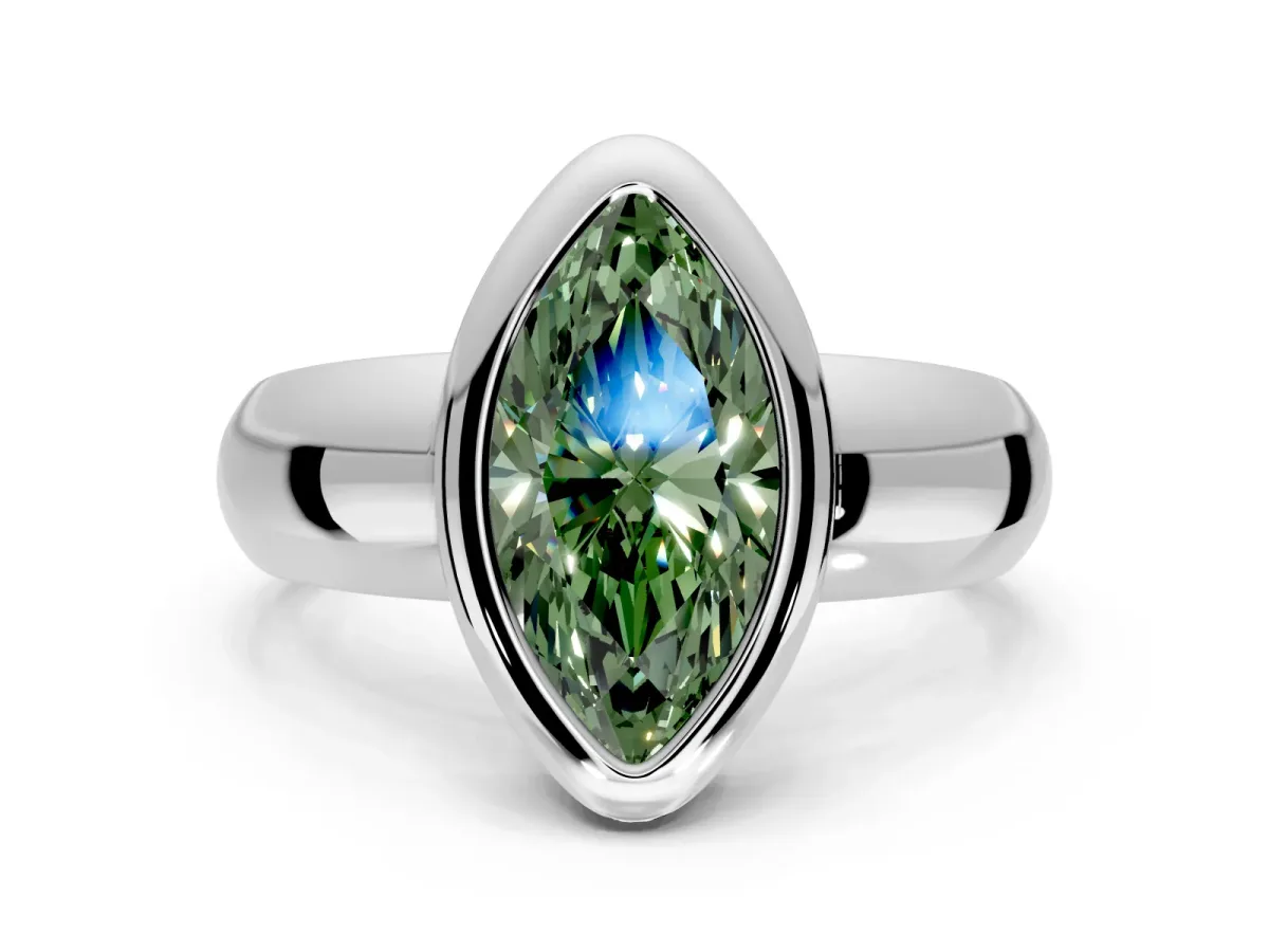 Solitaire Engagement Ring Setting for Fancy Green Marquise Center with Wide Band and Bezel Head in Platinum