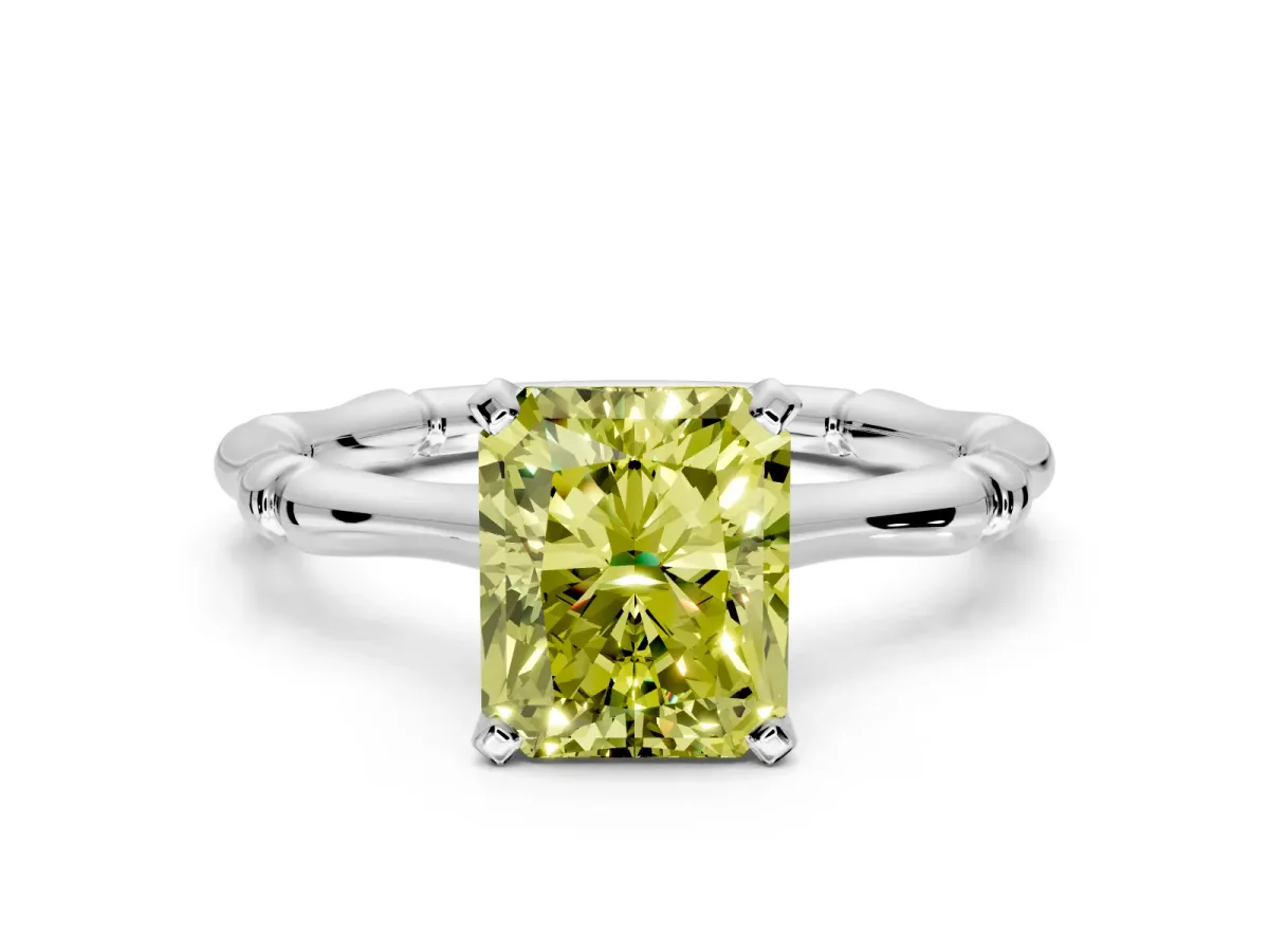 Solitaire Engagement Ring Setting for Fancy Yellow Radiant Cut Center with Bamboo Band and Prong Head in Platinum