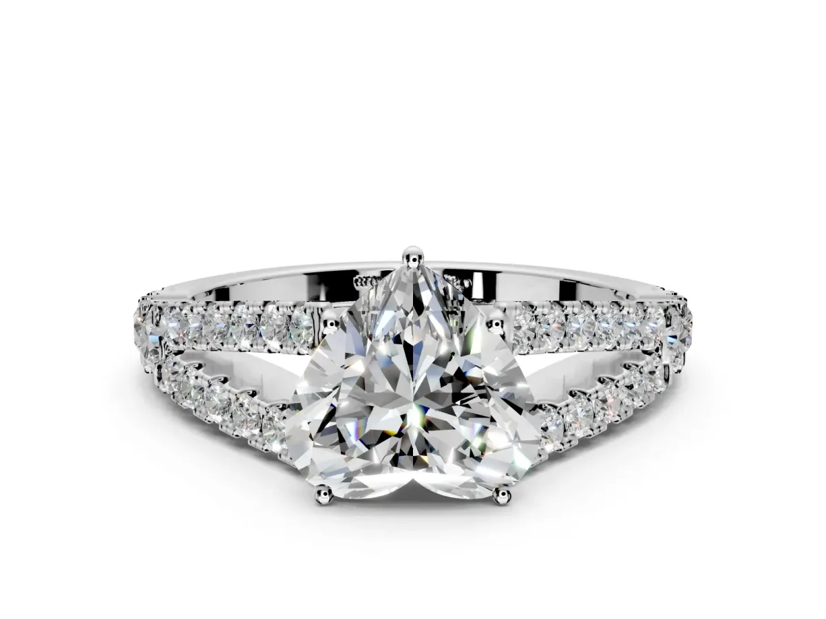 Solitaire Engagement Ring Setting for Heart-Shaped Center with Pave Split Shank and Prong Head in Platinum