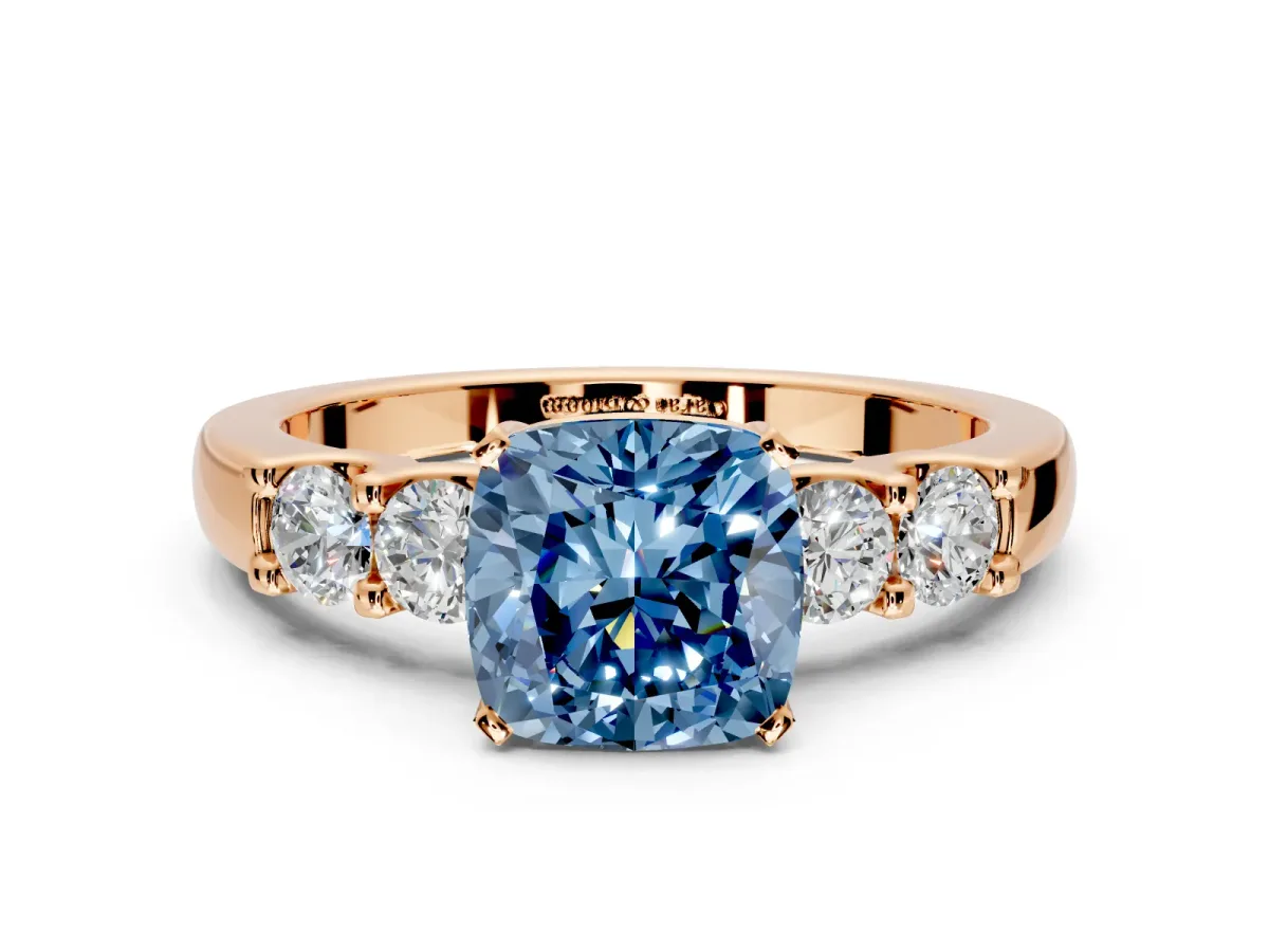 5 Stone Engagement Ring Setting for Fancy Blue Cushion Cut Center with Plain Band and Prong Head in Rose Gold