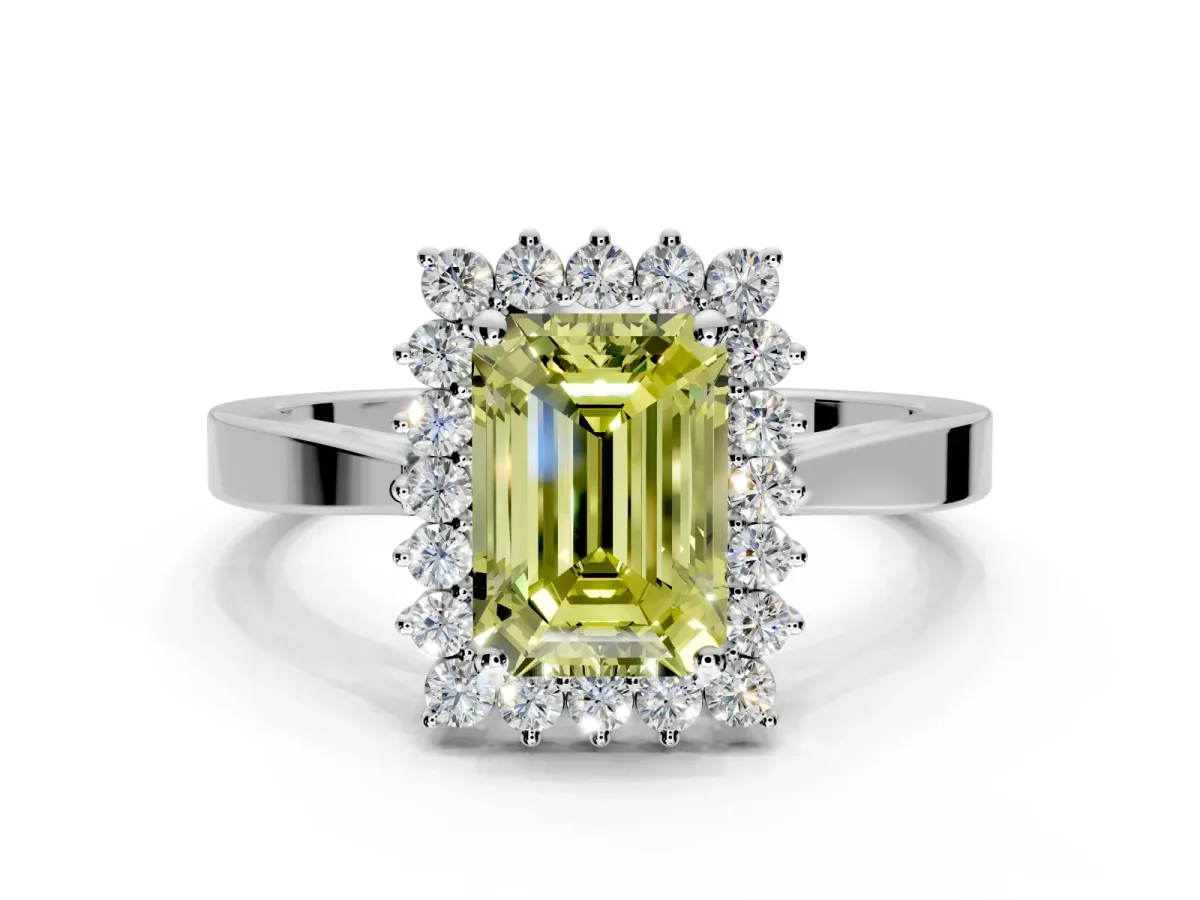 Starburst Halo Engagement Ring Setting for Fancy Yellow Emerald Cut Center with Flat Cathedral Band and Prong Head in Sterling Silver