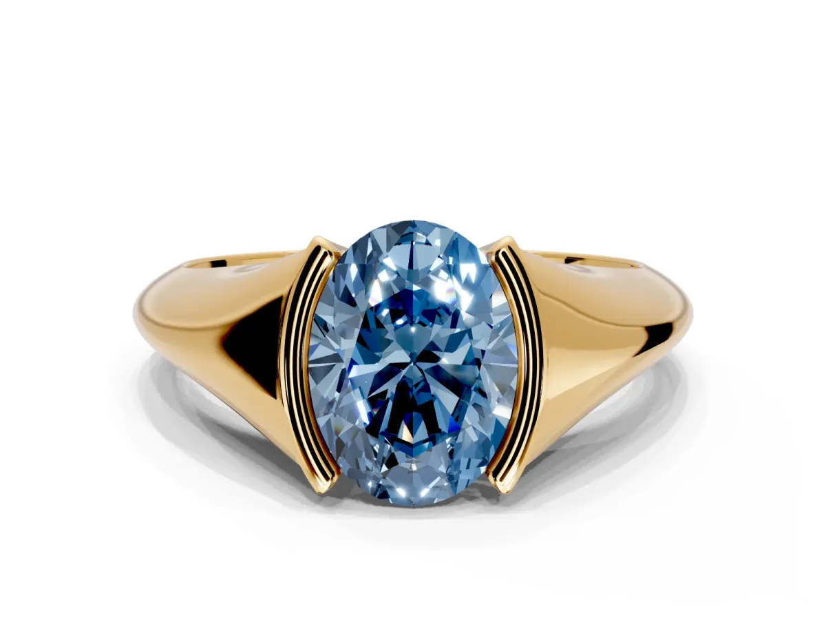 Tension Engagement Ring Setting for Fancy Blue Oval Center with Wide Tapered Band and Tension Head in Yellow Gold