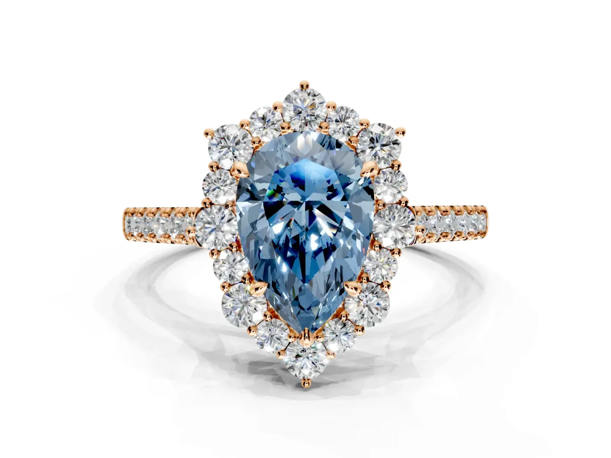 Halo Engagement Ring Setting for Fancy Blue Pear-Shaped Center with Single-Row Pave, Open Basket and Prong Head in Rose Gold
