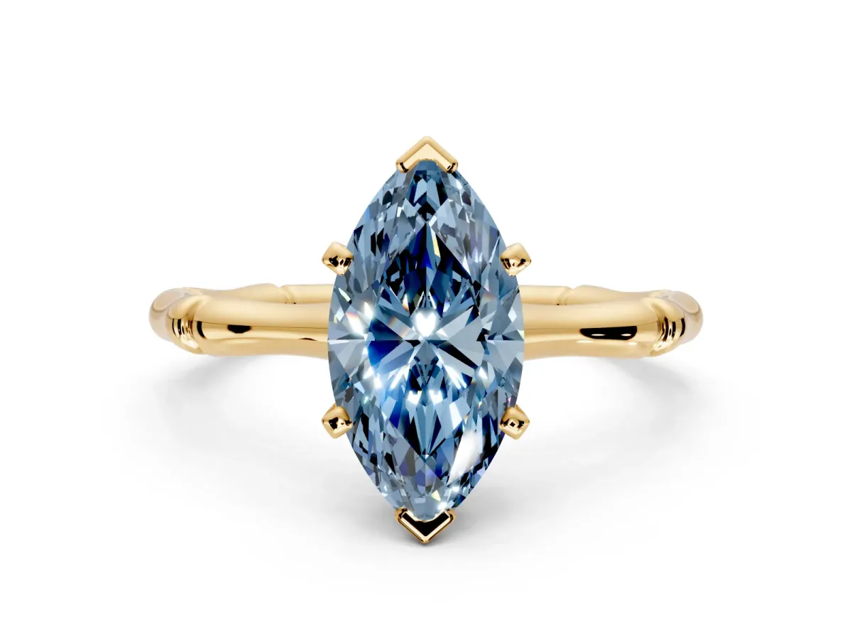 Solitaire Engagement Ring Setting for Fancy Blue Marquise Center with Bamboo Band and Prong Head in Yellow Gold