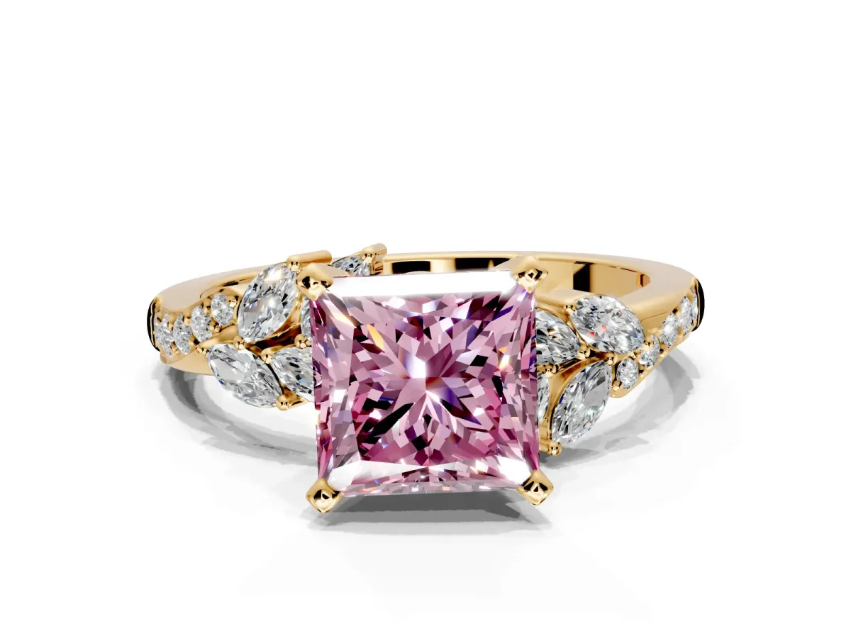 Solitaire Engagement Ring Setting for Fancy Pink Princess Cut Center with Marquise Accent Twist Band and Prong Head in Yellow Gold