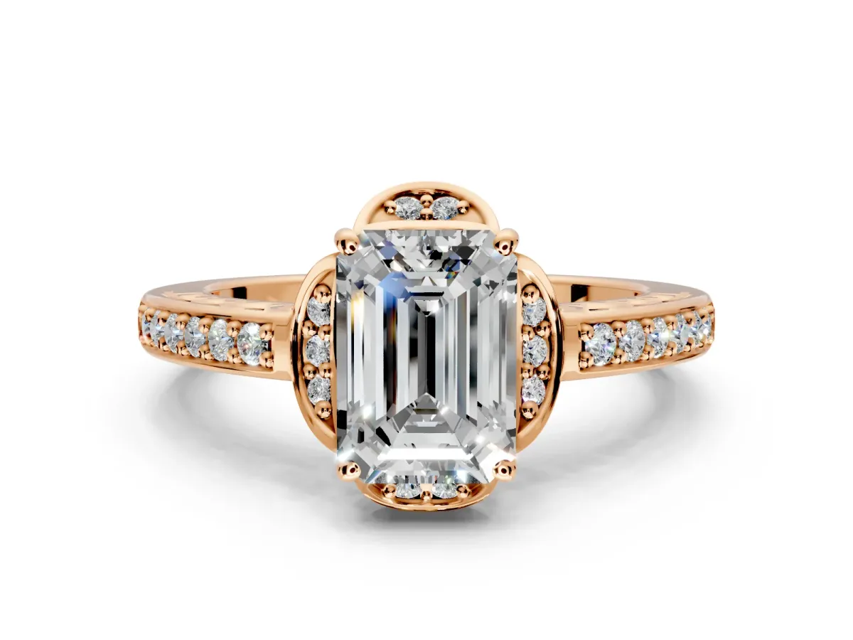 Floral Engagement Ring Setting for Emerald Cut Center with Four Accent Clusters and Prong Head in Rose Gold