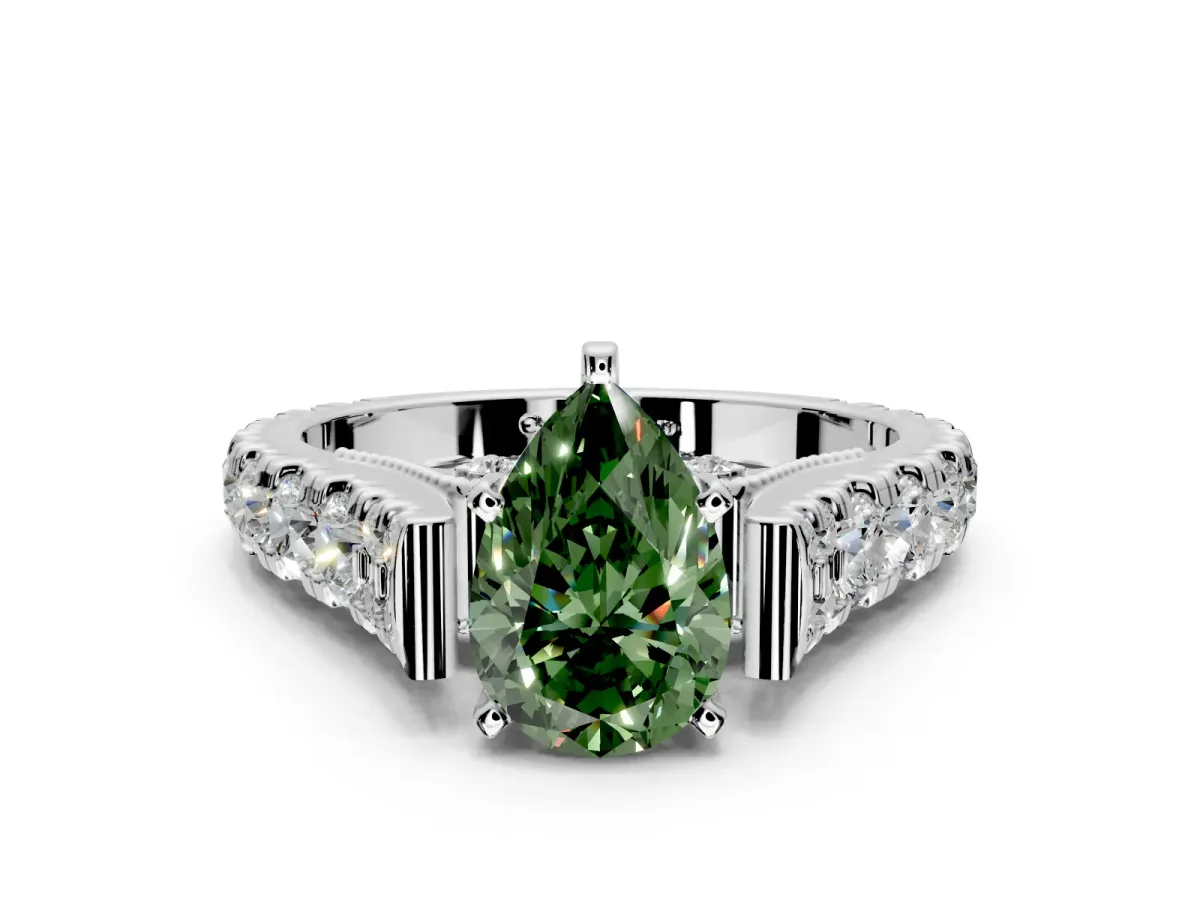 Solitaire Engagement Ring Setting for Fancy Green Pear-Shaped Center with Pave Cathedral Shoulders and Prong Head in Platinum