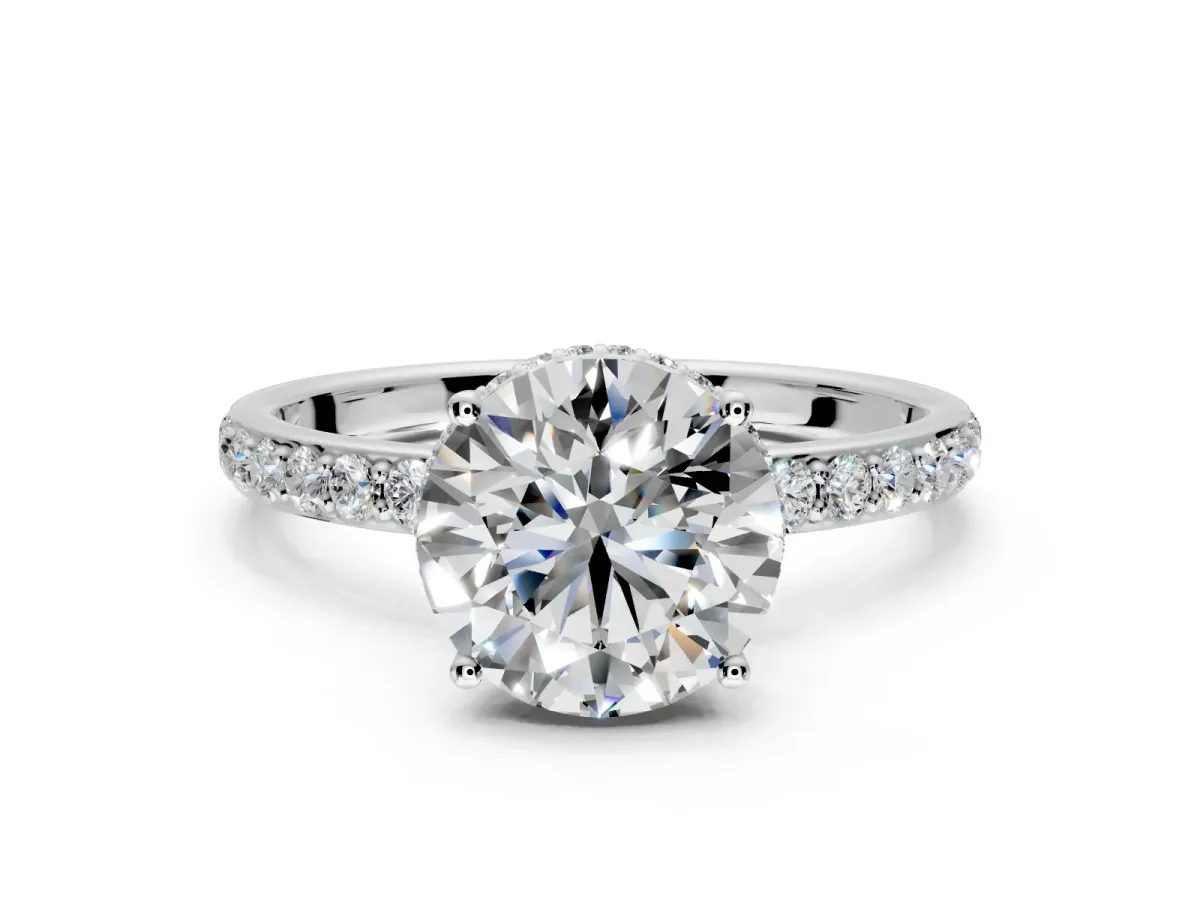 Hidden Halo Engagement Ring Setting for Round Cut Center with Pave Band and Prong Head in Platinum