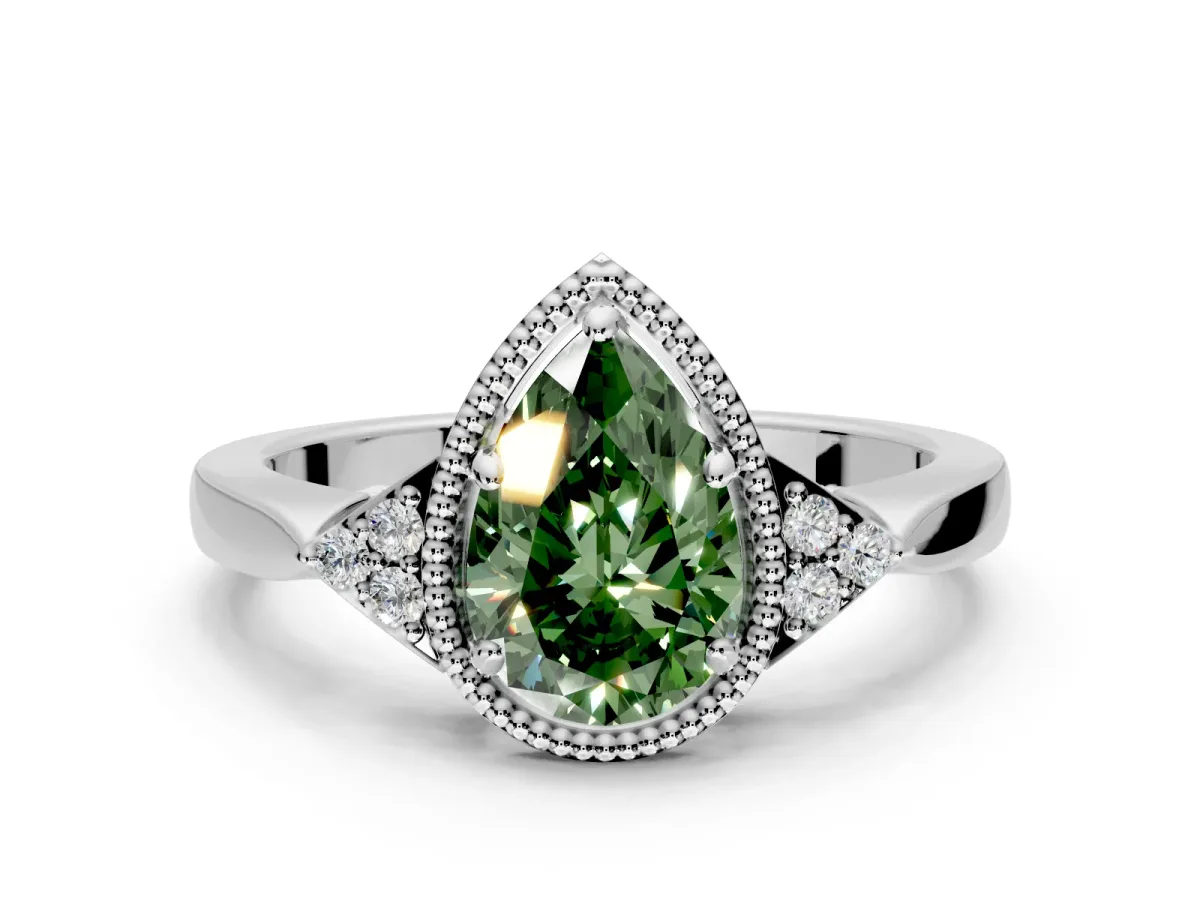 Cluster Engagement Ring Setting for Fancy Green Pear-Shaped Center with Milgrain Shoulder Clusters and Prong Head in White Gold