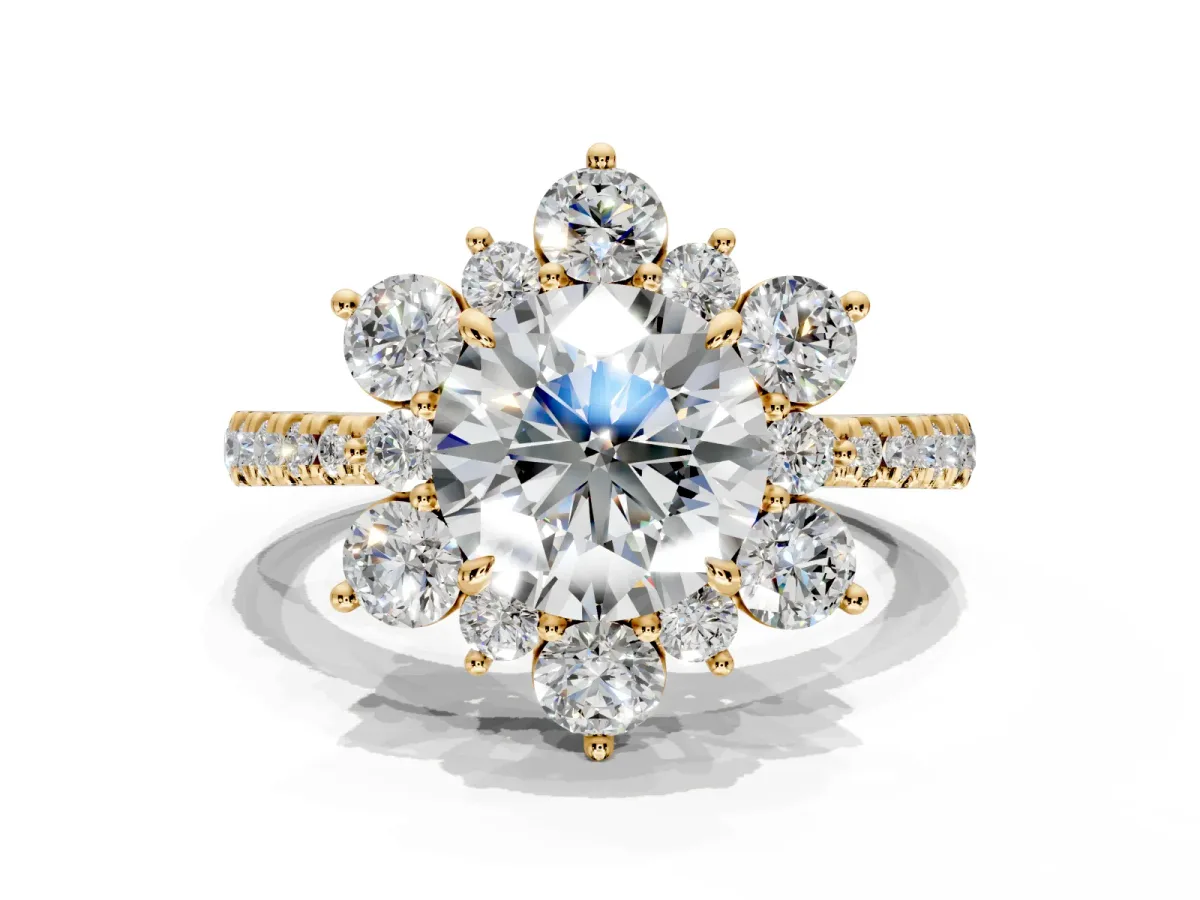 Floral Halo Engagement Ring Setting for Round Cut Center with Pave Accents and Prong Head in Yellow Gold