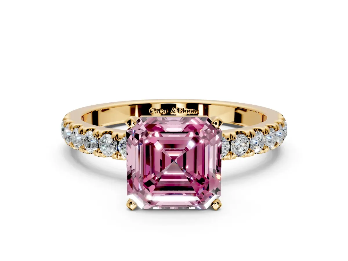Open Basket Engagement Ring Setting for Fancy Pink Asscher Cut Center with Pave Band and Prong Head in Yellow Gold