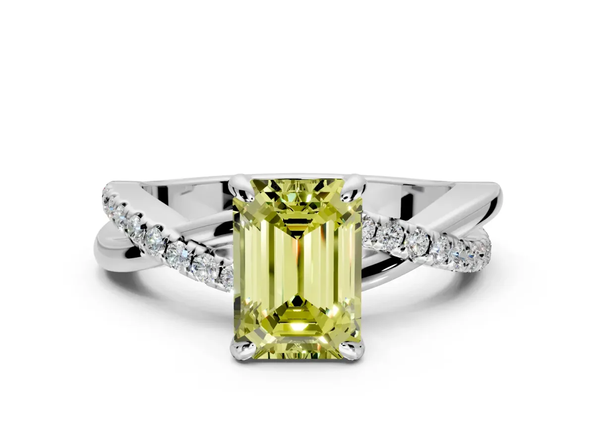 Solitaire Engagement Ring Setting for Fancy Yellow Emerald Cut Center with Half-Pave Crossover Band and Prong Head in Platinum