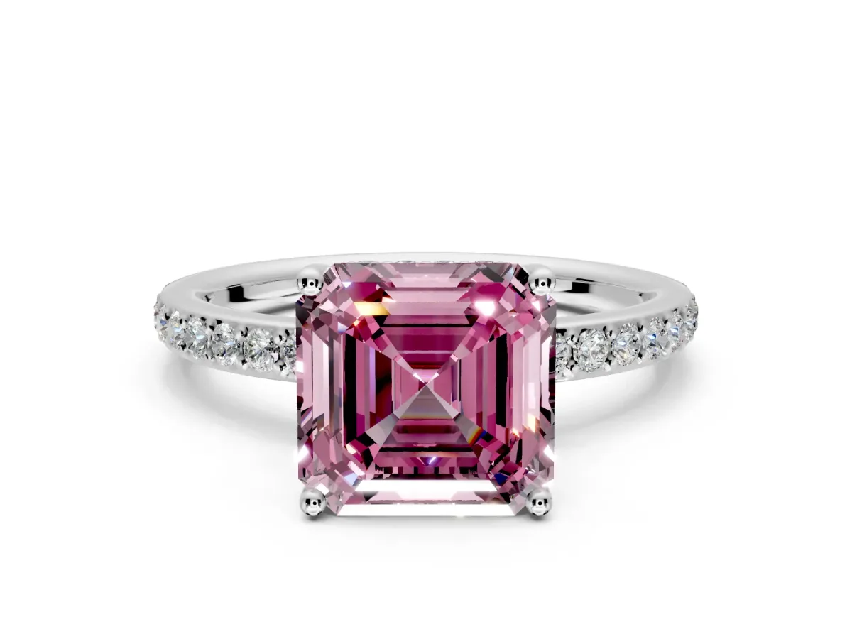 Solitaire Engagement Ring Setting for Fancy Pink Asscher Cut Center with Fine Pave Band and Prong Head in Platinum
