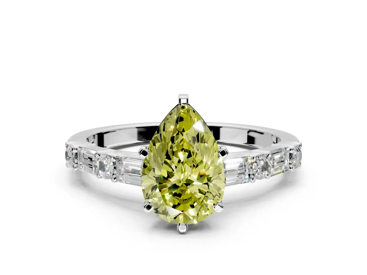 Baguette Engagement Ring Setting for Fancy Yellow Pear-Shaped Center with Alternating Bar-Set Band and Prong Head in Platinum