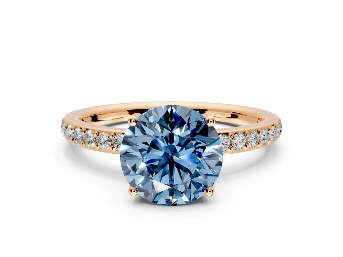 Solitaire Engagement Ring Setting for Fancy Blue Round Cut Center with Fine Pave Band and Prong Head in Rose Gold
