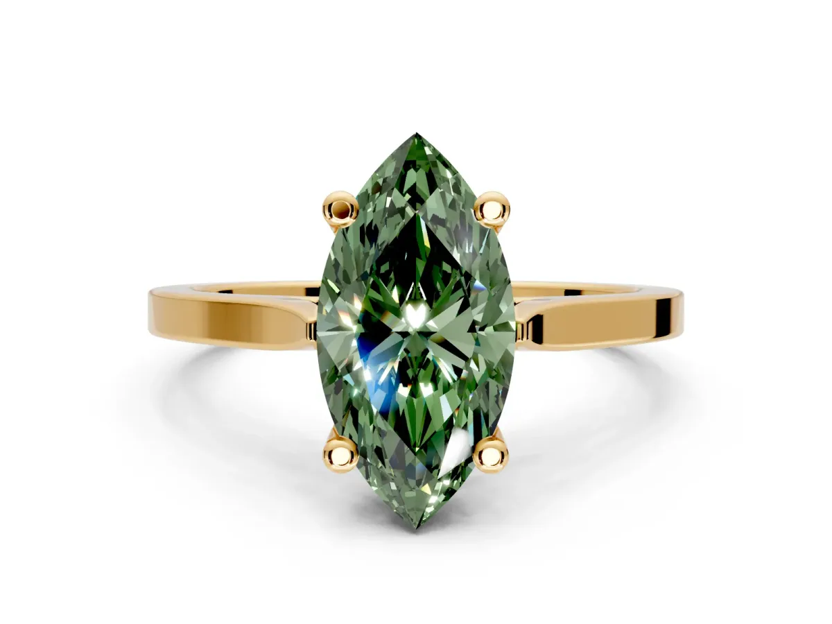 Solitaire Engagement Ring Setting for Fancy Green Marquise Center with Tapered Shoulders and Prong Head in Yellow Gold