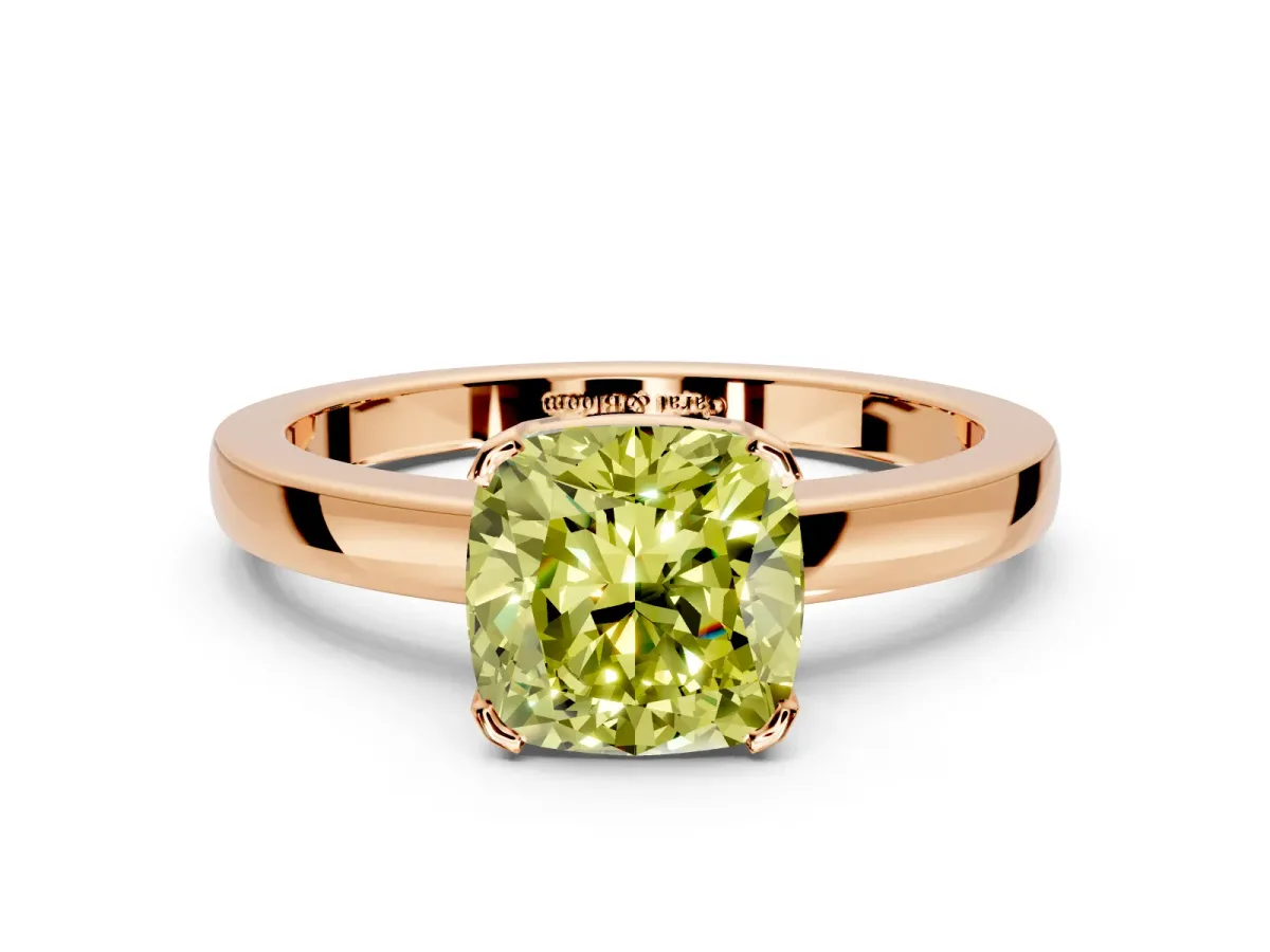 Solitaire Engagement Ring Setting for Fancy Yellow Cushion Cut Center with Plain Band and Flat Tab Prong Head in Rose Gold