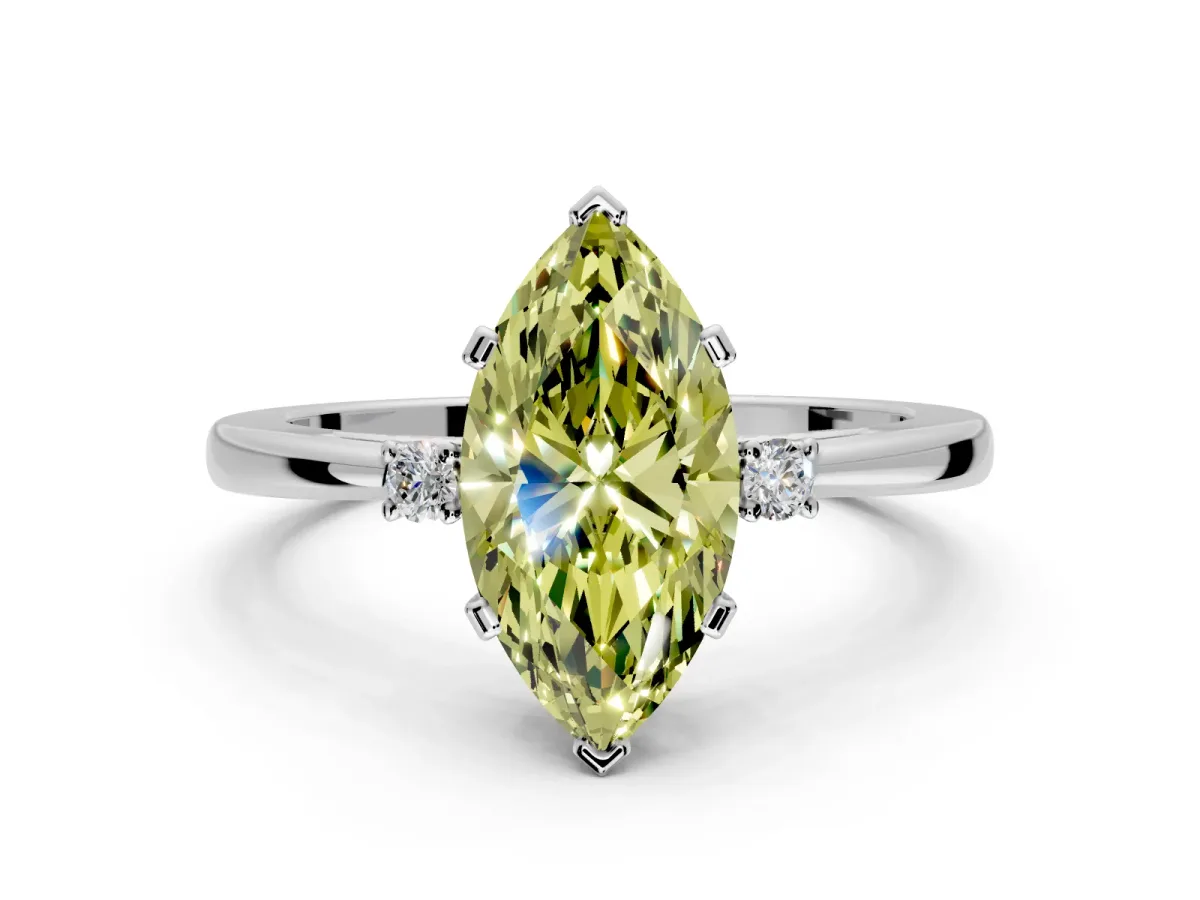3 Stone Engagement Ring Setting for Fancy Yellow Marquise Center with Low-Set Round Cut Accents and Prong Head in Platinum