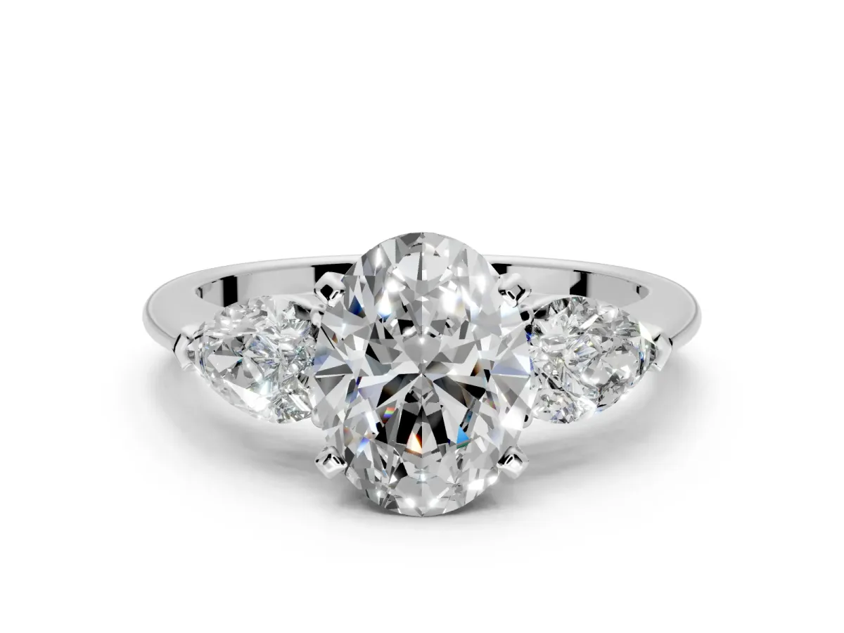3 Stone Engagement Ring Setting for Oval Center with Large Pear-Shaped Accents and Prong Head in Platinum